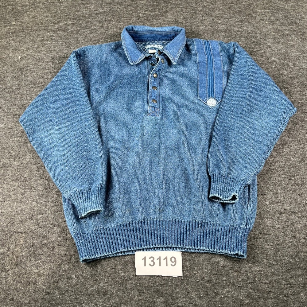 Blue Willis Sweater Mens L Blue Good Vintage Indigo Knit Denim Trim Denmark